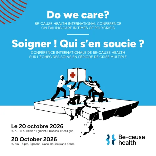 Visual for the conference: four people carrying an emergency aid box on a shattered slab -  in the Be-cause health colors (blue, black, white)